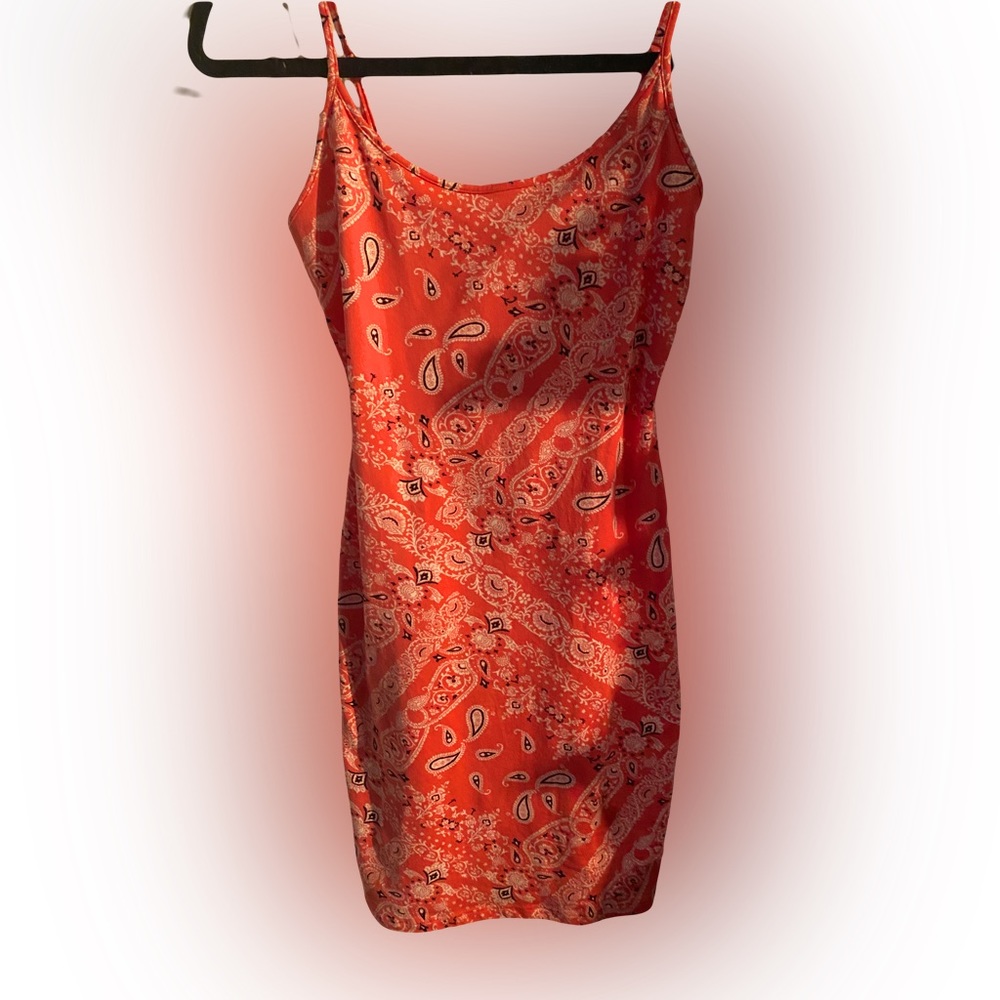 Hot Pink Bear Dance Paisley Bandana Print Bodycon Spaghetti Strap Dress (Small)